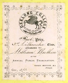 Award Bookplate 1st Prize 3rd Arithmetic Class 1873